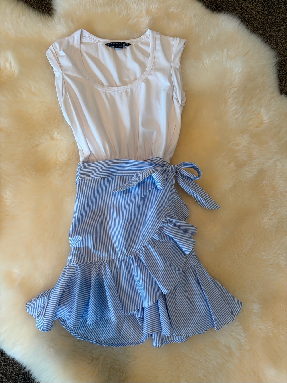 Veronica Beard Blue and White Striped Ruffle Wrap Mini Skirt